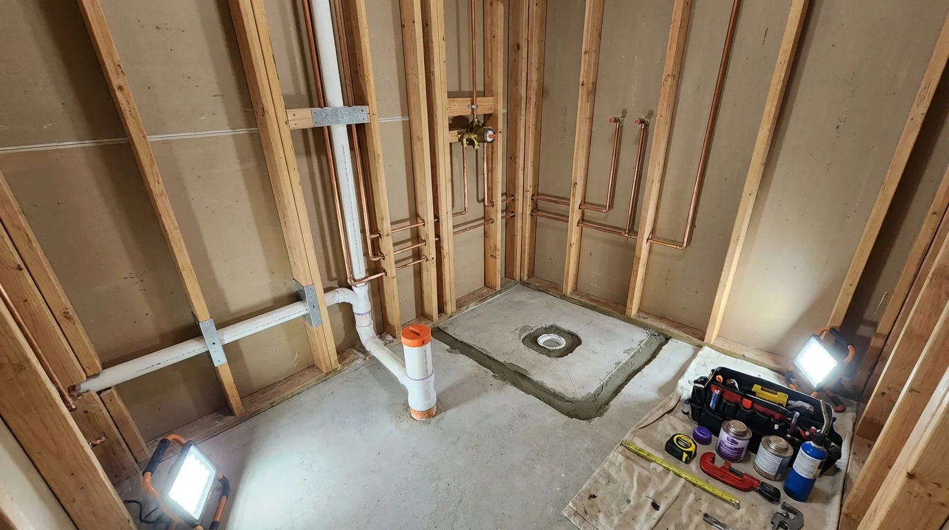 Bathroom rough-in plumbing during remodel by Johns Plumbing LLC in Arkoma