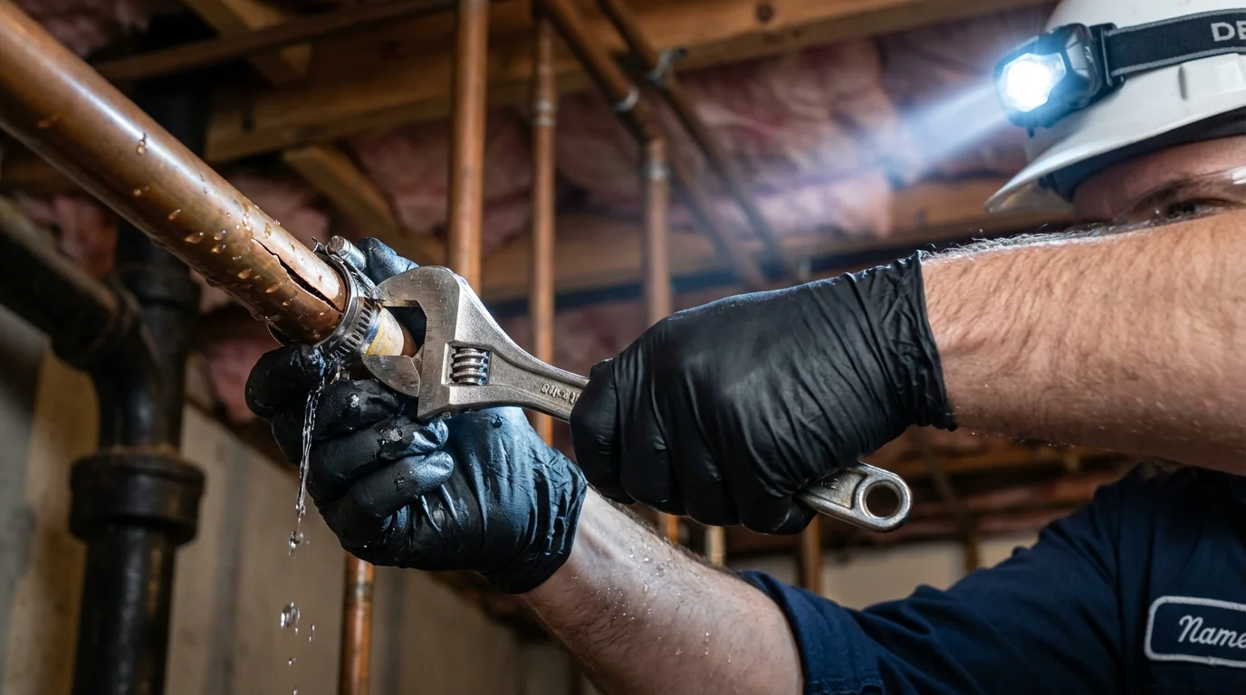 Emergency pipe clamp repair being performed by a Johns Plumbing LLC plumber in Arkoma