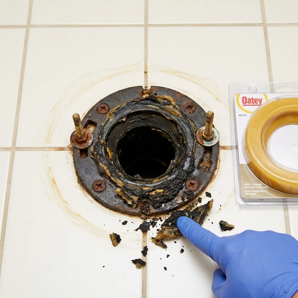 Failed wax ring showing water seepage at the base of a toilet in a Arkoma, OK home