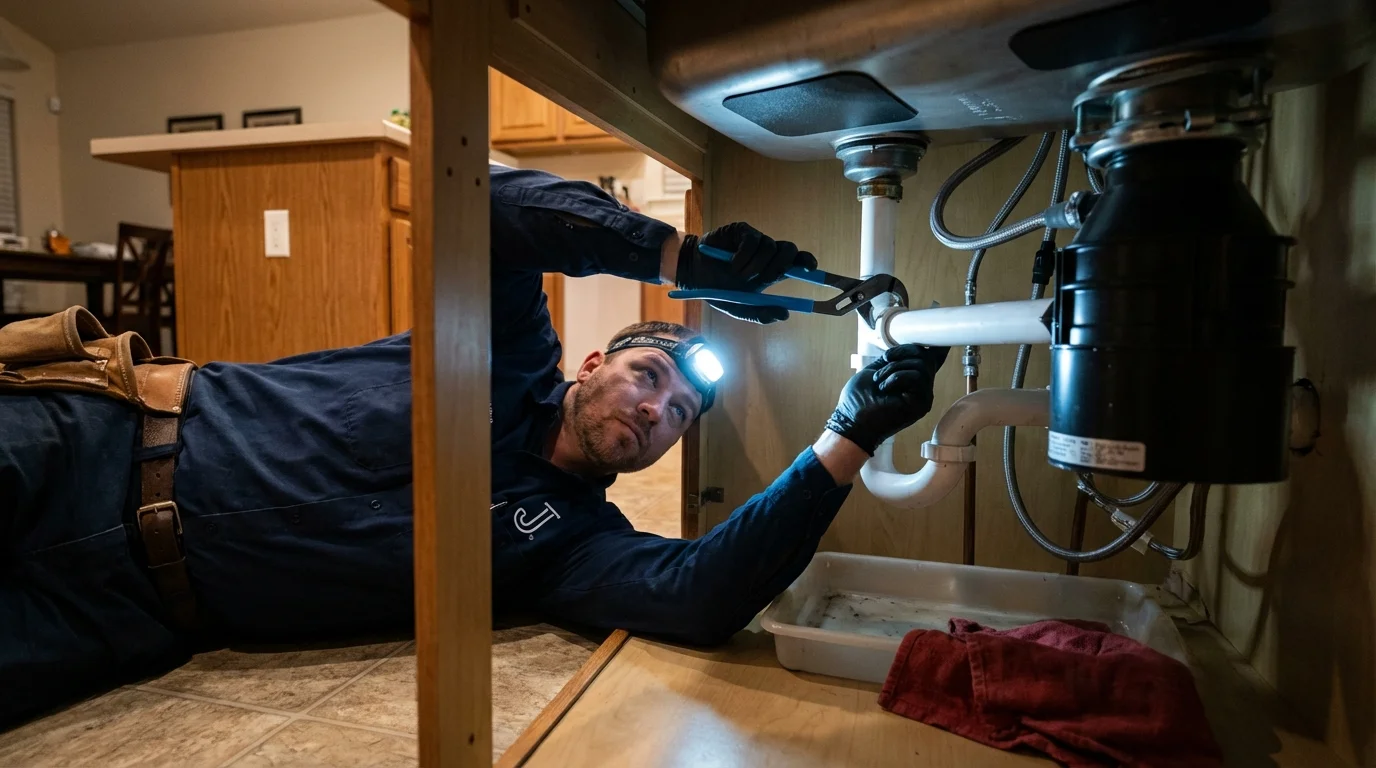 P-trap and supply line connections under a kitchen sink showing a common leak point in Arkoma, OK